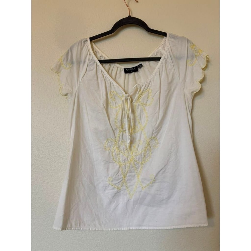 Unique Spectrum Womens White Yellow Embroidered Cotton Peasant Blouse Size M